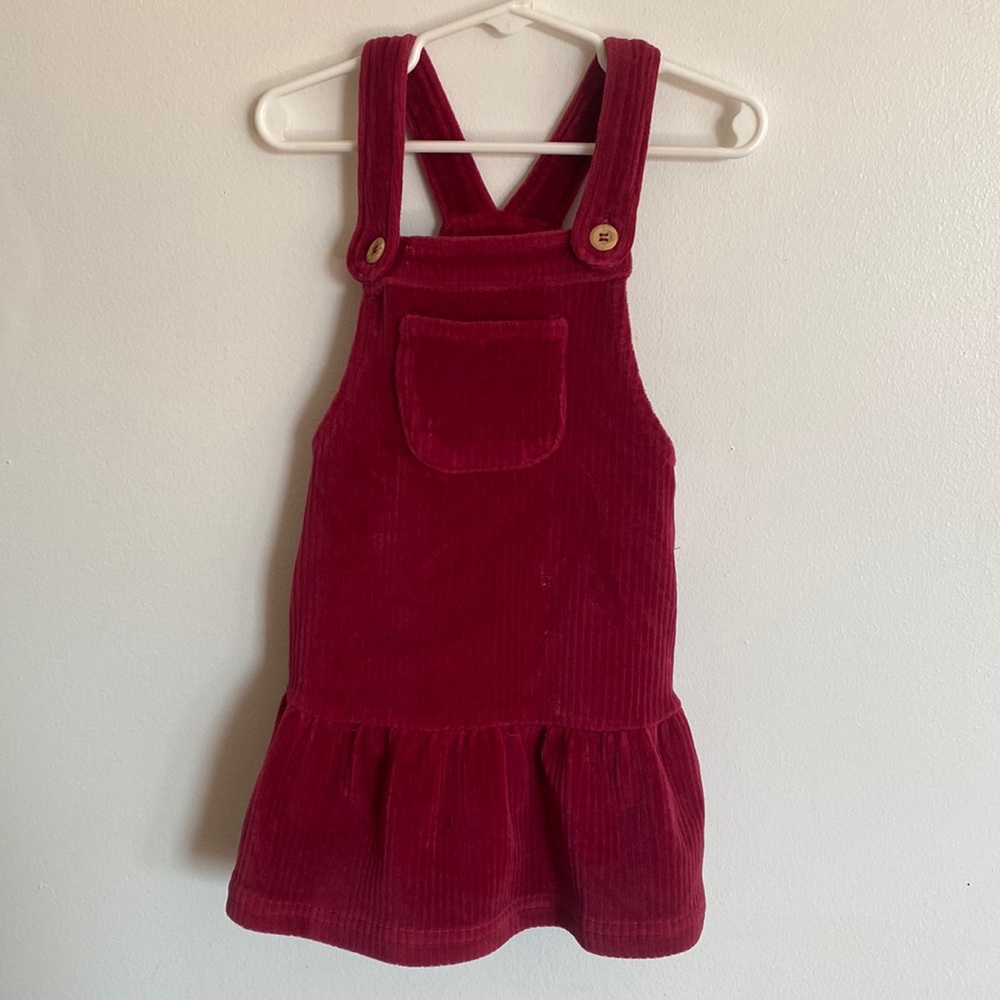 Red dress overalls for toddler girl.